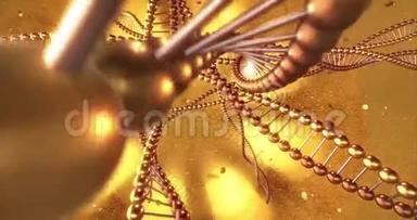 带有DNA分子漩涡的金色几何背景。 3D染循环4k